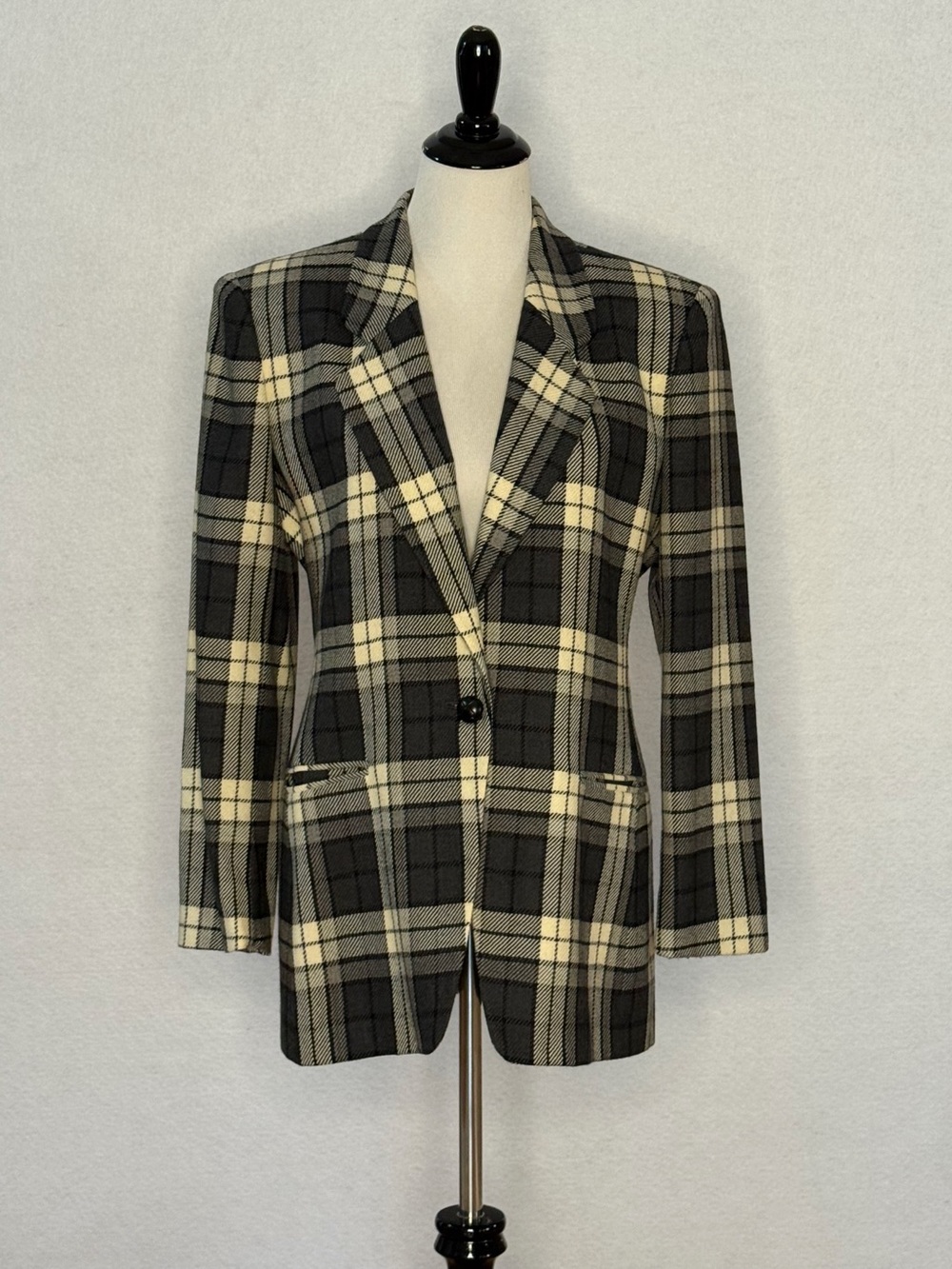 Jones New York Plaid Blazer Jacket Size 8 Black Cream 100% Pure Wool Heritage - Picture 13 of 14